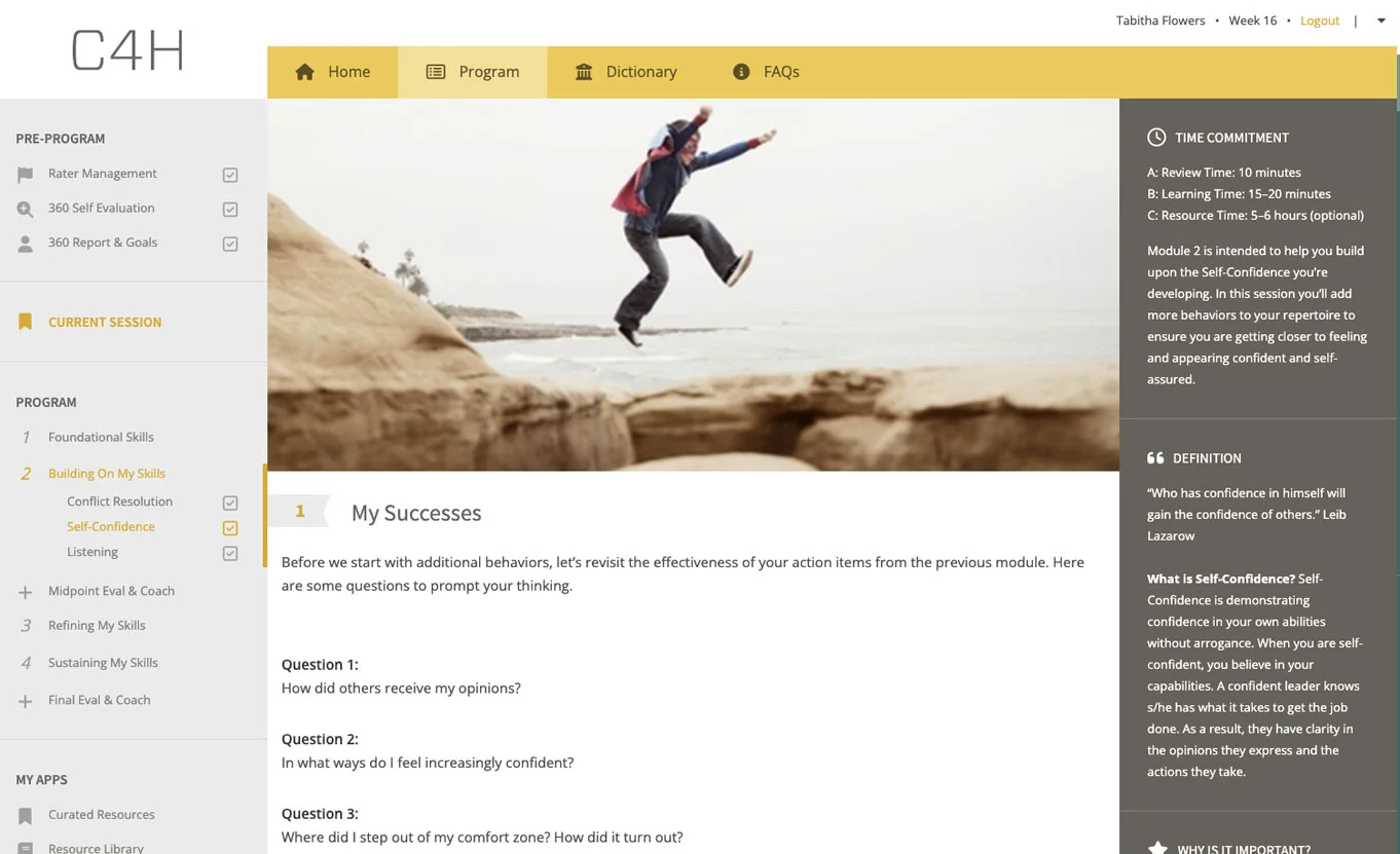 C4H platform showing a coaching module for high-potential leaders