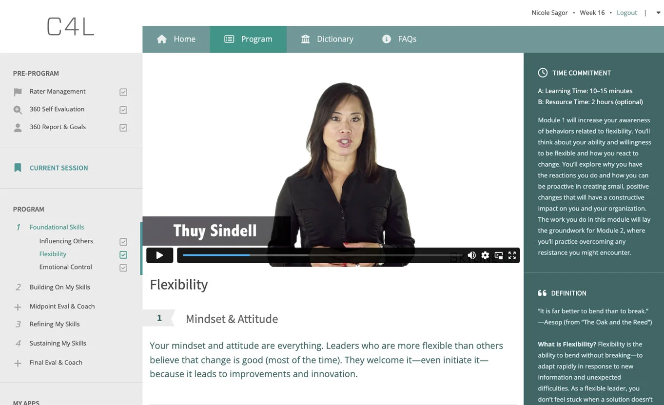 C4L platform showing a coaching module on Flexibility with video content and learning resources