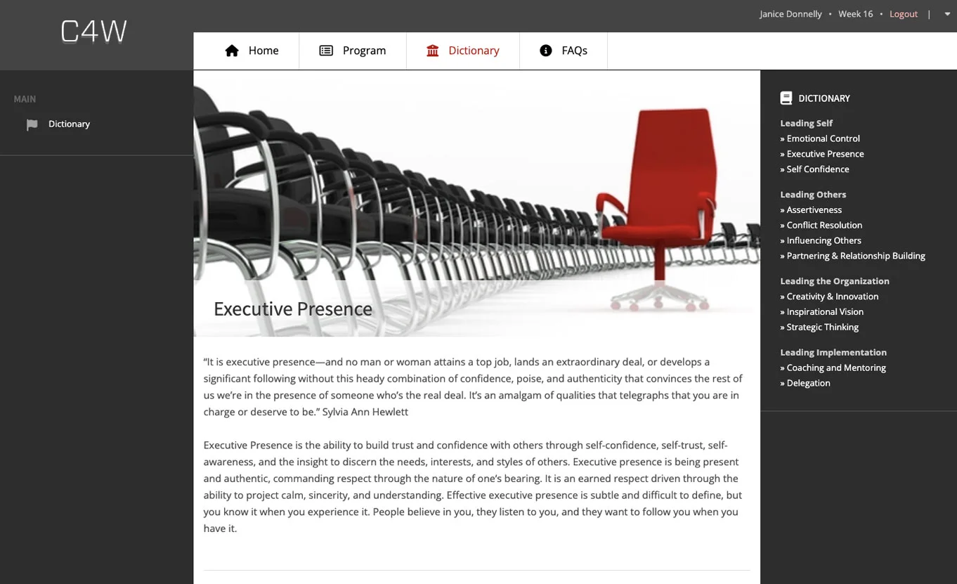 C4W platform showing a coaching module for women leaders